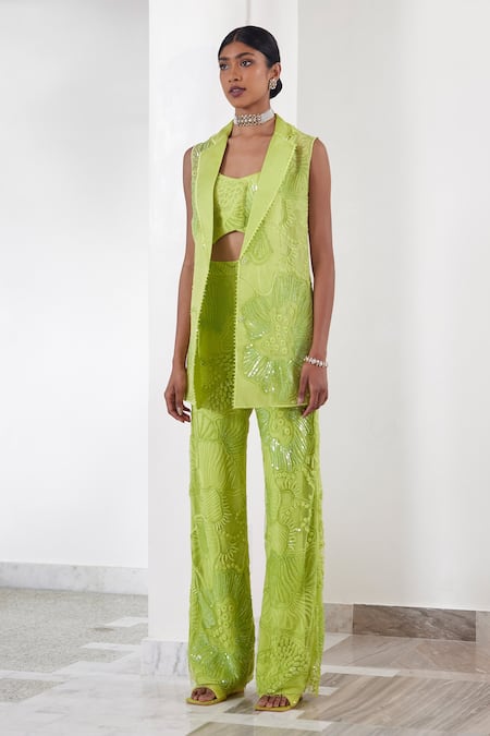 Mishru_Green Organza Beads, Sequins, Crystals Square Lesly Embroidered Blazer Pant Set _Online_at_Aza_Fashions