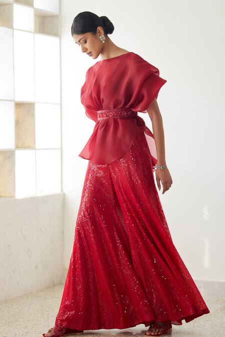 Mishru_Red Organza, Chanderi Silk, Tulle Embroidery, Malva Sheer Pouf Top And Pant Set_Online_at_Aza_Fashions