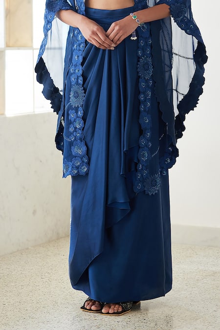 Mishru_Blue Chanderi , Satin Sequins, Aret Embroidered Cape Draped Skirt Set _Online_at_Aza_Fashions