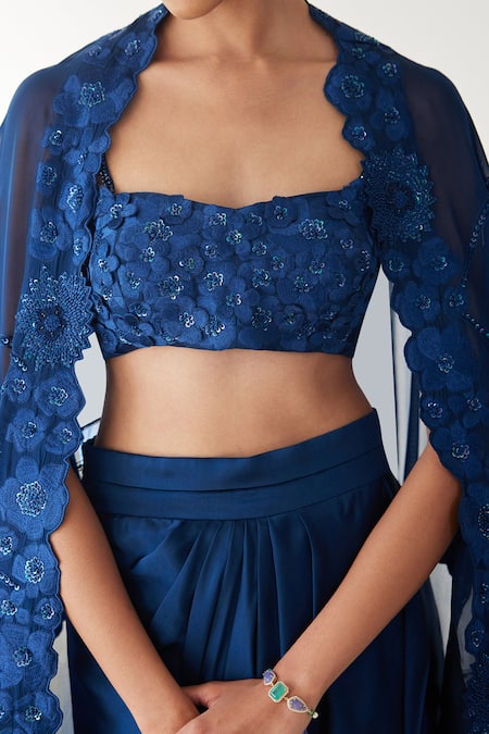 Buy_Mishru_Blue Chanderi , Satin Sequins, Aret Embroidered Cape Draped Skirt Set _Online_at_Aza_Fashions