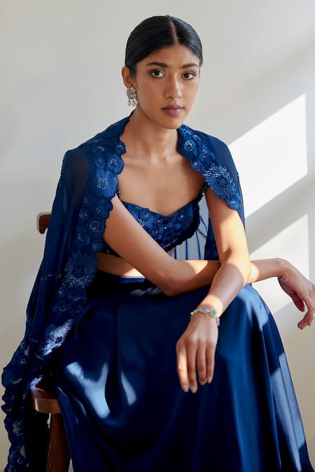 Shop_Mishru_Blue Chanderi , Satin Sequins, Aret Embroidered Cape Draped Skirt Set _Online_at_Aza_Fashions