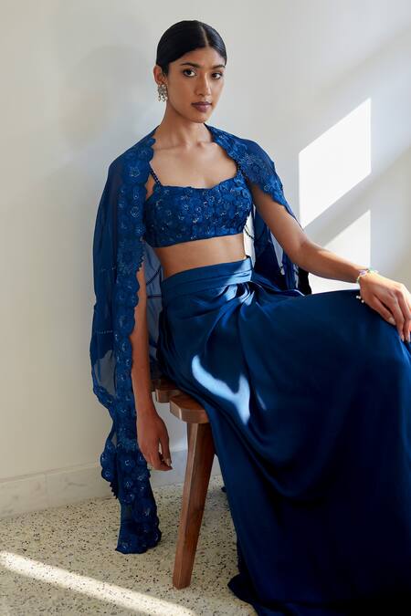 Mishru_Blue Chanderi , Satin Sequins, Aret Embroidered Cape Draped Skirt Set _at_Aza_Fashions