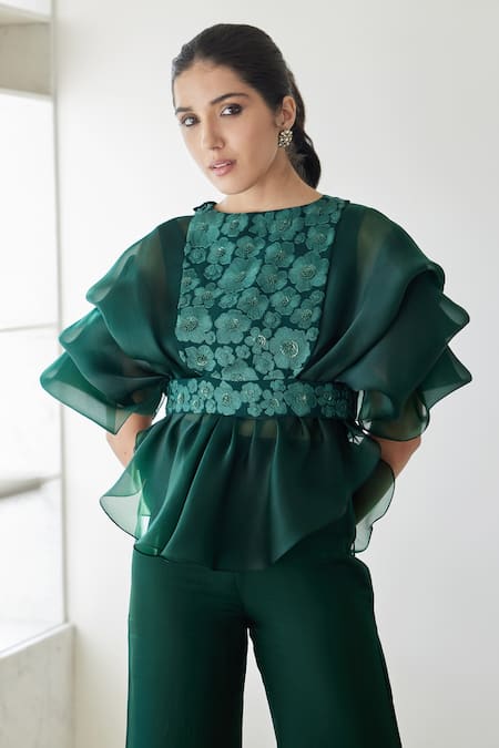 Buy_Mishru_Green Organza, Chanderi Silk Embroidery Round Neck Madison Pant Set With Bib _Online_at_Aza_Fashions