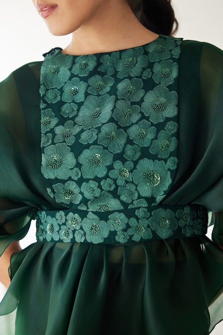 Shop_Mishru_Green Organza, Chanderi Silk Embroidery Round Neck Madison Pant Set With Bib _Online_at_Aza_Fashions