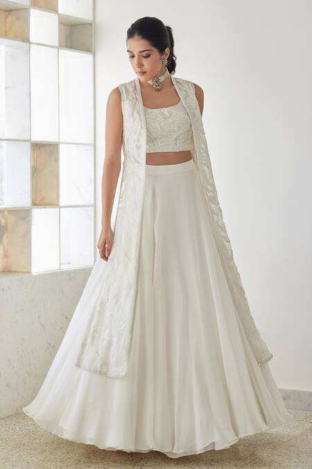 Buy_Mishru_Ivory Organza, Chanderi Silk Beads, Amina Water Embroidered Jacket Skirt Set_Online_at_Aza_Fashions
