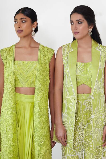 Mishru_Green Organza Embroidery, Crystals, Beads Square Neck Lesly Blazer Pant Set _Online_at_Aza_Fashions