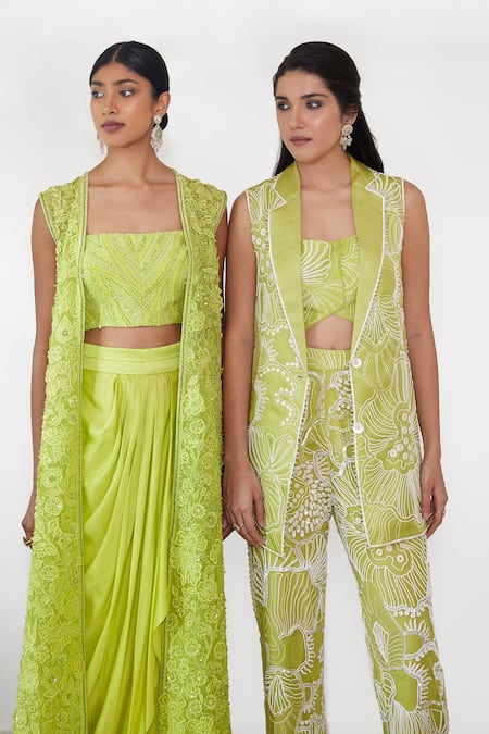 Mishru_Green Organza, Satin Ember 3d Floral Embroidered Jacket And Draped Skirt Set _at_Aza_Fashions