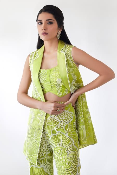 Shop_Mishru_Green Organza Embroidery, Crystals, Beads Square Neck Lesly Blazer Pant Set _Online_at_Aza_Fashions