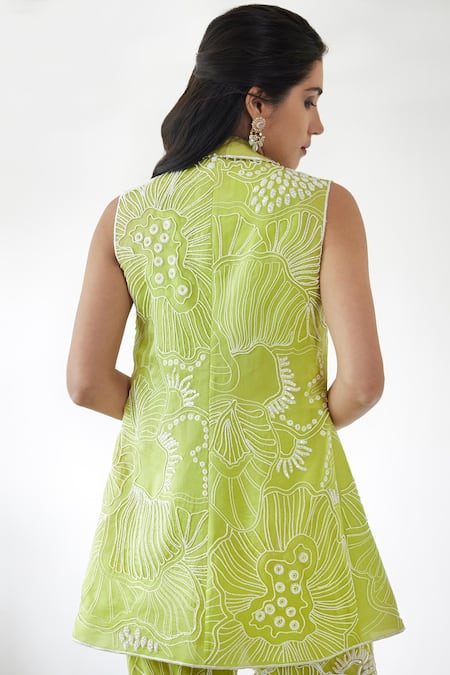 Mishru_Green Organza Embroidery, Crystals, Beads Square Neck Lesly Blazer Pant Set _at_Aza_Fashions