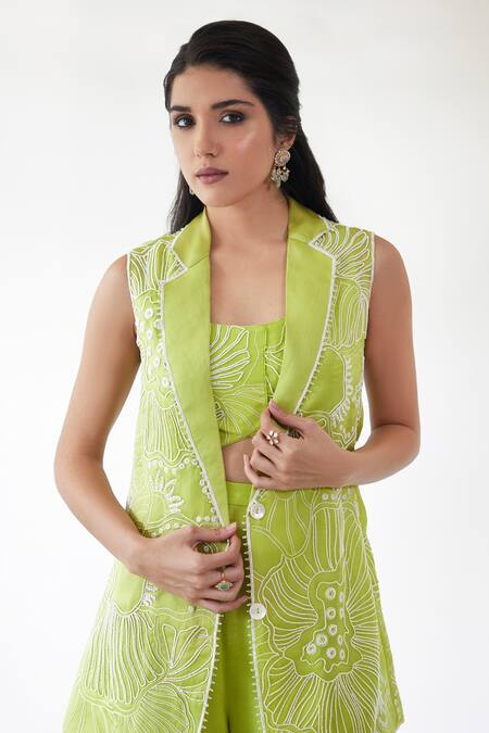 Buy_Mishru_Green Organza Beads, Embroidery Collared Laia Sea Coral Blazer And Pant Set _Online_at_Aza_Fashions