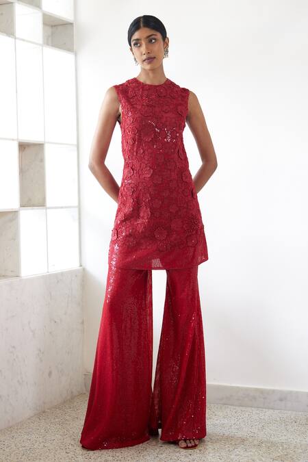 Buy_Mishru_Red Tulle, Organza Sequins Round Nora Floral Embroidered Tunic Flared Pant Set _Online_at_Aza_Fashions