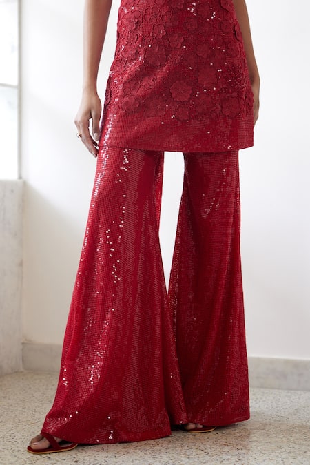 Shop_Mishru_Red Tulle, Organza Sequins Round Nora Floral Embroidered Tunic Flared Pant Set _Online_at_Aza_Fashions