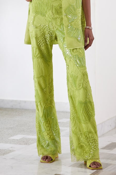 Shop_Mishru_Green Organza Beads, Sequins, Crystals Square Lesly Embroidered Blazer Pant Set _Online_at_Aza_Fashions