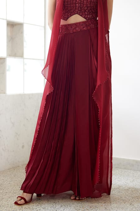 Mishru_Red Organza, Satin Cut Work, Sequins, Embroidery Emerie Jacket Draped Skirt Set _Online_at_Aza_Fashions