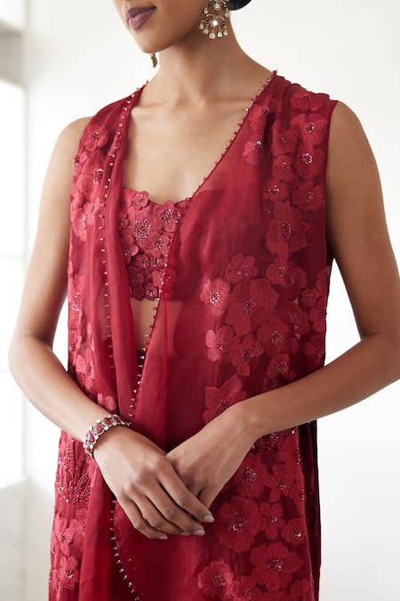 Mishru_Red Organza, Georgette Embroidery, Beads Leyla Floral Curve Jacket Pant Set _Online_at_Aza_Fashions