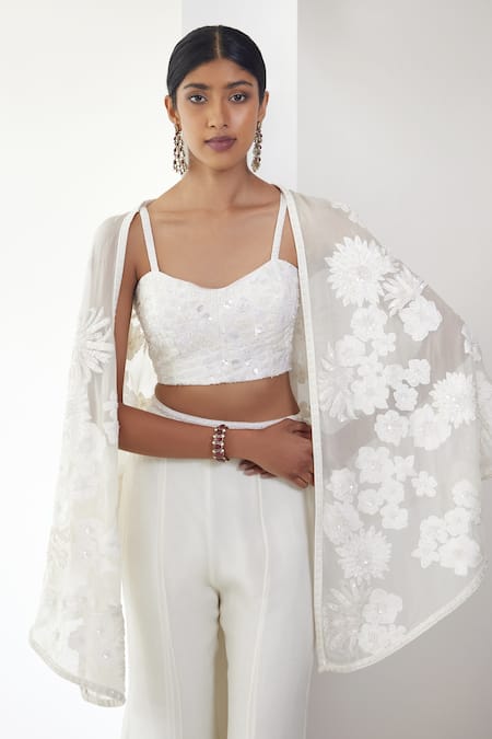 Mishru_Ivory Organza, Georgette Sequins Alya Floral Bunch Embroidered Cape And Pant Set _Online_at_Aza_Fashions