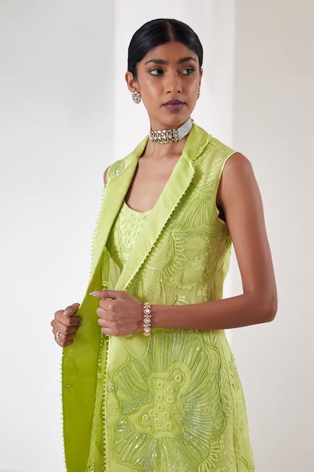 Buy_Mishru_Green Organza Beads, Sequins, Crystals Square Lesly Embroidered Blazer Pant Set _Online_at_Aza_Fashions