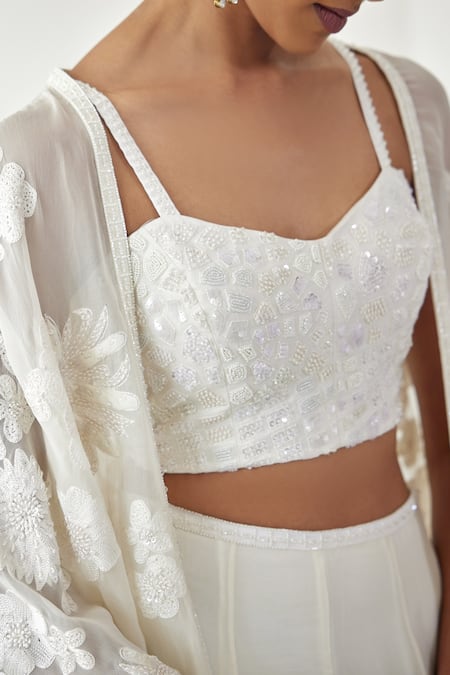 Buy_Mishru_Ivory Organza, Georgette Sequins Alya Floral Bunch Embroidered Cape And Pant Set _Online_at_Aza_Fashions