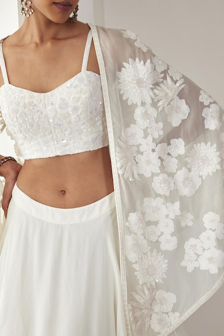 Mishru_Ivory Organza Sequins Sweetheart Alya Floral Bunch Embroidered Cape Lehenga Set _Online_at_Aza_Fashions
