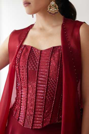 Mishru_Red Organza, Tulle Embroidery, Beads Open Neck, Ula Jacket And Lehenga Set_Online_at_Aza_Fashions
