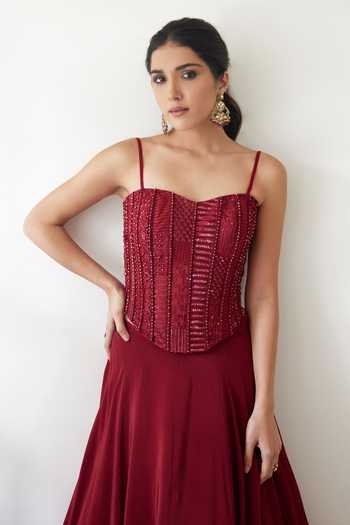 Buy_Mishru_Red Organza, Tulle Embroidery, Beads Open Neck, Ula Jacket And Lehenga Set_Online_at_Aza_Fashions