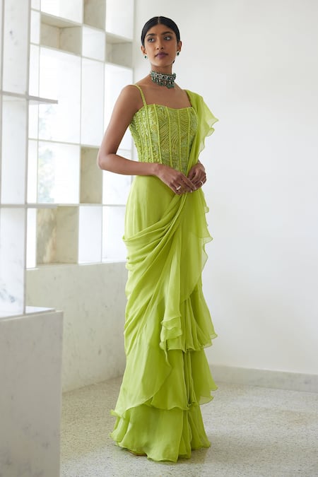 Mishru_Green Tulle, Crepe, Organza Sequins, Noemi Pre-draped Ruffle Saree And Corset Set _Online_at_Aza_Fashions