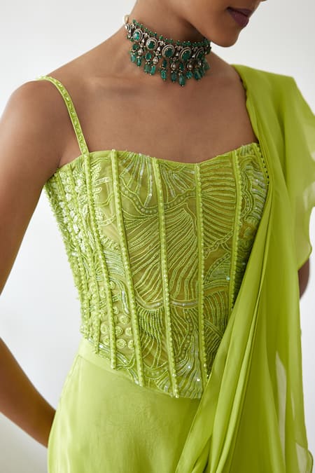 Shop_Mishru_Green Tulle, Crepe, Organza Sequins, Noemi Pre-draped Ruffle Saree And Corset Set _Online_at_Aza_Fashions
