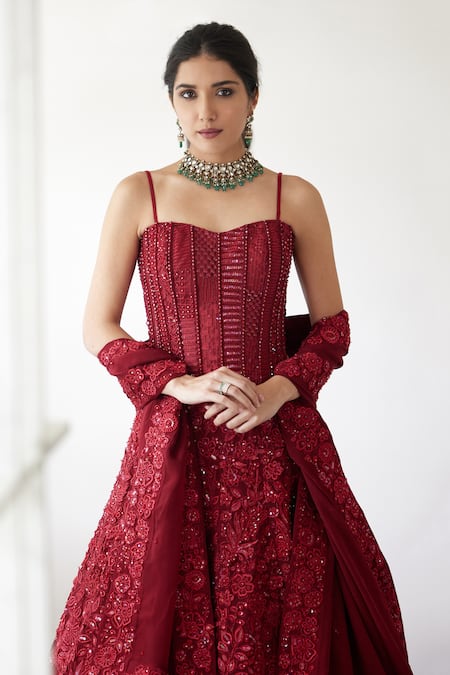 Mishru_Red Tulle, Organza Embroidery Sweetheart Neck Evie Checkered Corset Lehenga Set _Online_at_Aza_Fashions