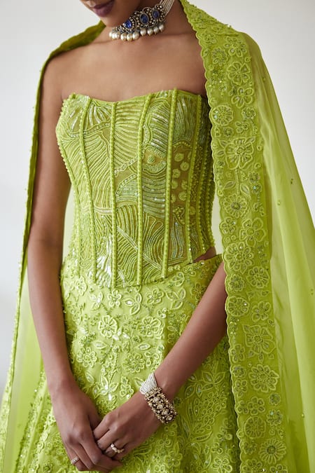 Shop Mishru Green Tulle, Organza Embroidery Sweetheart Neck Evie Corset Lehenga Set Online at Aza Fashions Shop_Mishru_Green Tulle, Organza Embroidery Sweetheart Neck Evie Corset Lehenga Set _Online_at_Aza_Fashions