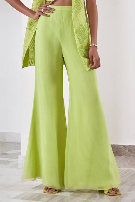 Mishru_Green Organza Beads, Embroidery Collared Laia Sea Coral Blazer Pant Set _Online_at_Aza_Fashions