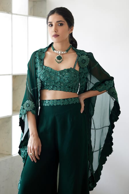 Mishru_Green Organza Embroidery Sweetheart Neck Leia Cape And Flared Pant Set _Online_at_Aza_Fashions