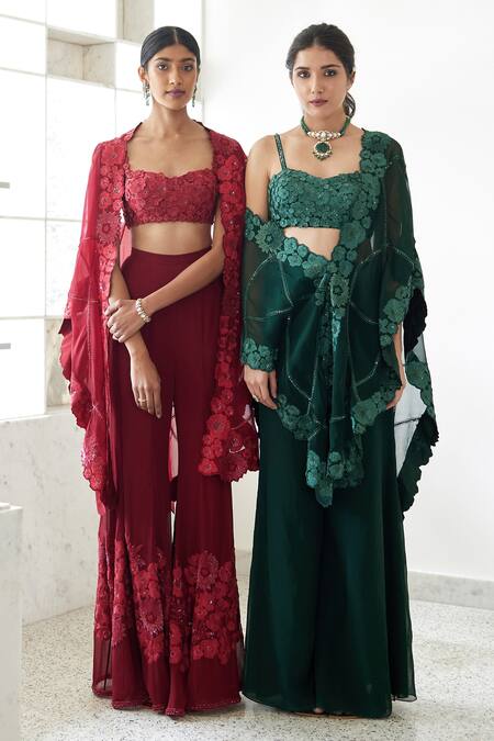Shop_Mishru_Green Organza Embroidery Sweetheart Neck Leia Cape And Flared Pant Set _Online_at_Aza_Fashions
