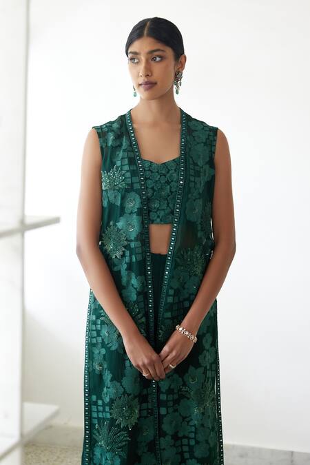 Mishru_Green Organza Beads V-neck Vera Floral Embroidered Jacket And Flared Pant Set _Online_at_Aza_Fashions