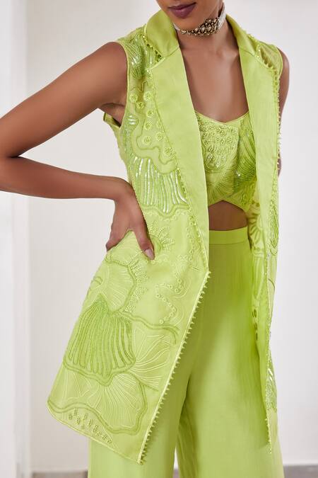 Buy_Mishru_Green Organza Beads, Embroidery Collared Laia Sea Coral Blazer Pant Set _Online_at_Aza_Fashions