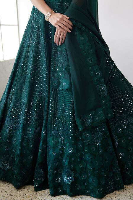 Buy_Mishru_Green Organza Beads, Embroidery Plunge Zita Checks And Floral Bridal Lehenga Set _Online_at_Aza_Fashions