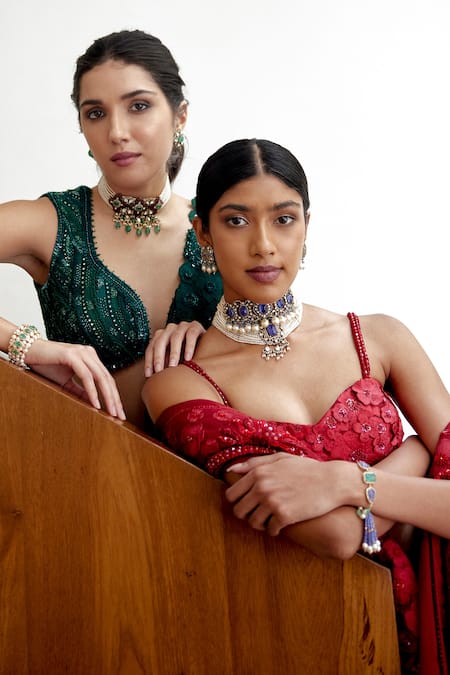 Shop_Mishru_Green Organza Beads, Embroidery Plunge Zita Checks And Floral Bridal Lehenga Set _Online_at_Aza_Fashions