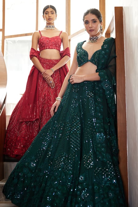 Mishru_Green Organza Beads, Embroidery Plunge Zita Checks And Floral Bridal Lehenga Set _at_Aza_Fashions