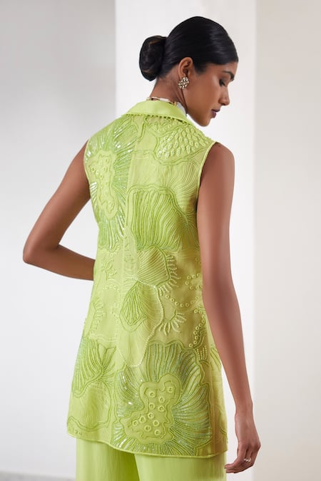 Shop_Mishru_Green Organza Beads, Embroidery Collared Laia Sea Coral Blazer Pant Set _Online_at_Aza_Fashions