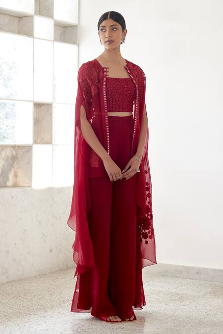 Mishru_Red Organza Embroidery Square Neck Posy Floral Bunches Cape And Pant Set _Online_at_Aza_Fashions
