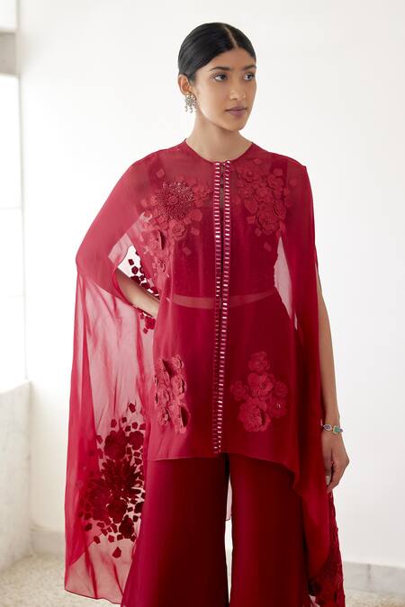 Buy_Mishru_Red Organza Embroidery Square Neck Posy Floral Bunches Cape And Pant Set _Online_at_Aza_Fashions