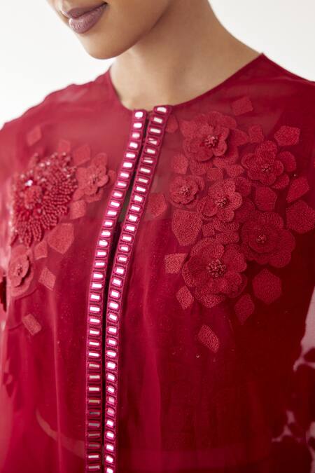 Shop_Mishru_Red Organza Embroidery Square Neck Posy Floral Bunches Cape And Pant Set _Online_at_Aza_Fashions