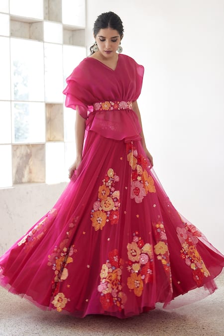 Mishru Fuchsia Chanderi Silk, Tulle, Organza Danica Sheer Pouf Top And Lehenga Set Online at Aza Fashions Mishru_Fuchsia Chanderi Silk, Tulle, Organza Danica Sheer Pouf Top And Lehenga Set _Online_at_Aza_Fashions