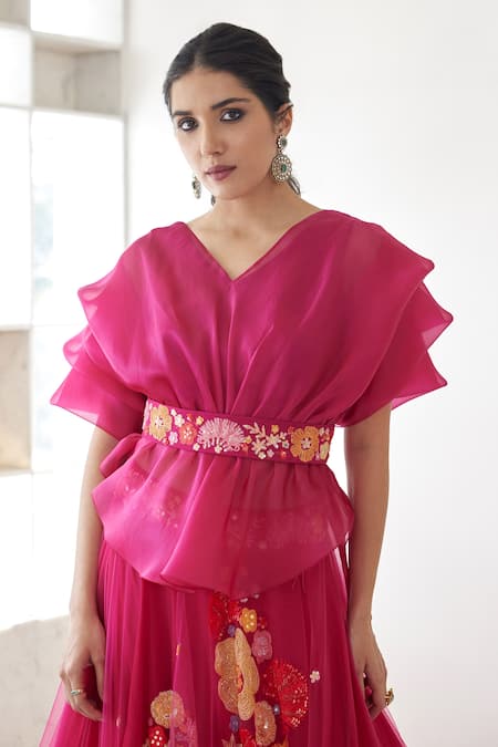 Buy Mishru Fuchsia Chanderi Silk, Tulle, Organza Danica Sheer Pouf Top And Lehenga Set Online at Aza Fashions Buy_Mishru_Fuchsia Chanderi Silk, Tulle, Organza Danica Sheer Pouf Top And Lehenga Set _Online_at_Aza_Fashions