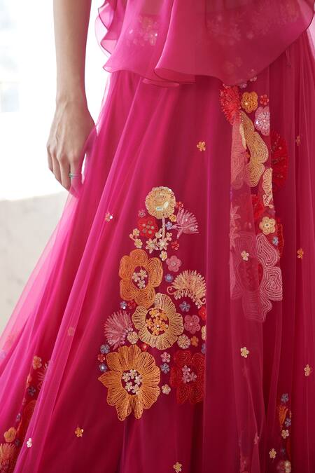 Shop Mishru Fuchsia Chanderi Silk, Tulle, Organza Danica Sheer Pouf Top And Lehenga Set Online at Aza Fashions Shop_Mishru_Fuchsia Chanderi Silk, Tulle, Organza Danica Sheer Pouf Top And Lehenga Set _Online_at_Aza_Fashions