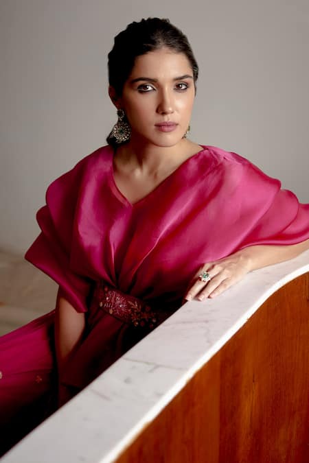 Mishru Fuchsia Chanderi Silk, Tulle, Organza Danica Sheer Pouf Top And Lehenga Set at Aza Fashions Mishru_Fuchsia Chanderi Silk, Tulle, Organza Danica Sheer Pouf Top And Lehenga Set _at_Aza_Fashions