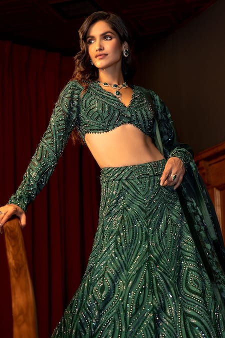 Dark Green Embellished Tiered Lehenga Set With Contrast Blouse And Dupatta  - Hijab Online