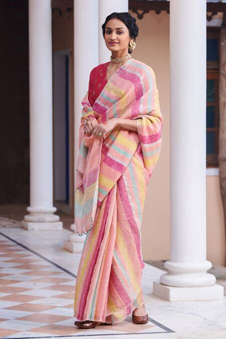 Dressfolk_Peach Linen Beads Stripe Pattern Saree With Running Blouse_Online_at_Aza_Fashions