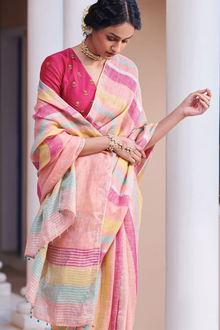Buy_Dressfolk_Peach Linen Beads Stripe Pattern Saree With Running Blouse_Online_at_Aza_Fashions