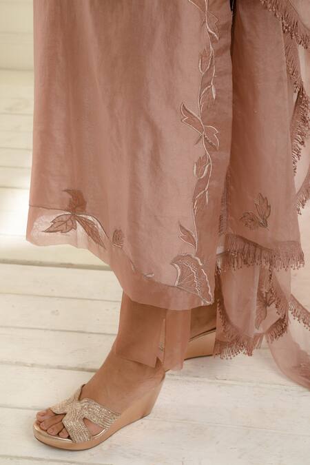 Buy Omana By Ranjana Bothra Beige Chanderi, Organza Embroidery, Tassels Boat Neck Farah Placement Kurta Set Buy_Omana By Ranjana Bothra_Beige Chanderi, Organza Embroidery, Tassels Boat Neck Farah Placement Kurta Set