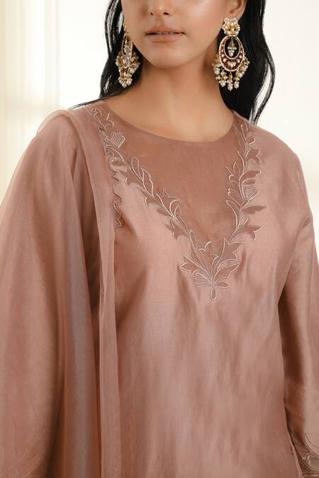Omana By Ranjana Bothra Brown Chanderi, Organza Embroidery, Applique, Cut Shahin Placement Kurta Set Online at Aza Fashions Omana By Ranjana Bothra_Brown Chanderi, Organza Embroidery, Applique, Cut Shahin Placement Kurta Set _Online_at_Aza_Fashions